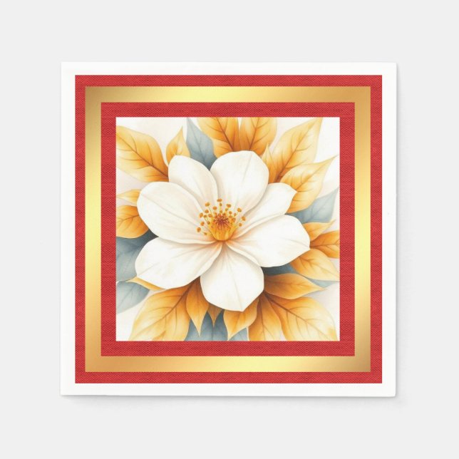 Serviette En Papier Fleur blanche aux feuilles dorées (Devant)