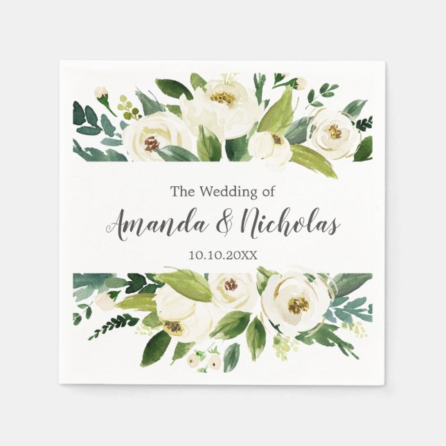 Serviette En Papier Fleur blanche | Mariage vert floral rustique (Devant)