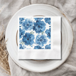 Serviette En Papier Fleur Bleue Aquarelle Floral Botanique Blanc