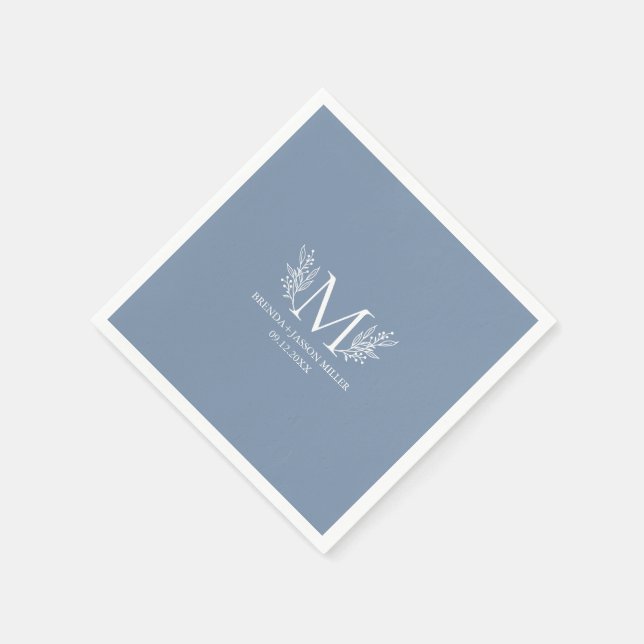 Serviette En Papier Fleur botanique monogramme blanc sur gris bleu (Coin)