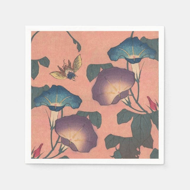 Serviette En Papier Fleur d'abeille rose Art classique Hokusai (Devant)