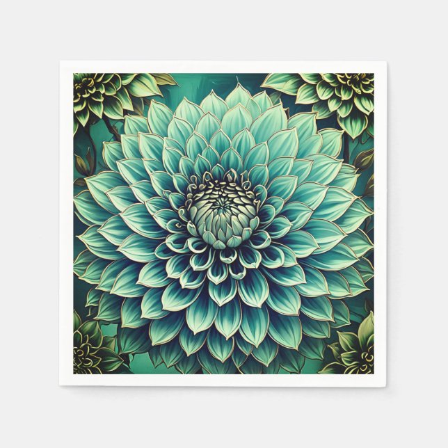 Serviette En Papier Fleur Dahlia en Art numérique bleu Aqua Turquoise (Devant)