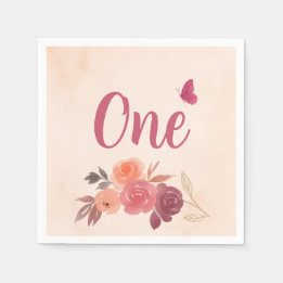 Serviette En Papier Fleur d'aquarelle rose élégante pour le premier an