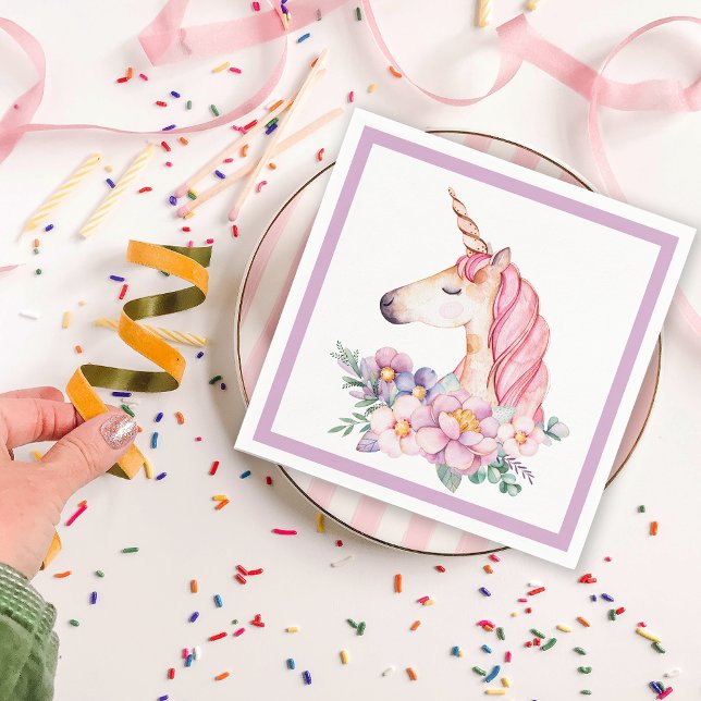 Serviette En Papier Fleur d'aquarelle Unicorn Fille fête d'anniversair (Watercolor Flower Unicorn Girl Birthday Party Napkins)