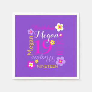Serviette En Papier fleur de 19e anniversaire nommé graphique violet r