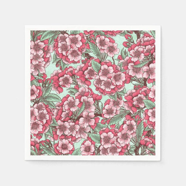 Serviette En Papier Fleur de cerisier rose et menthe (Devant)