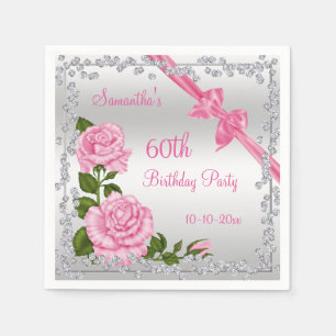 Serviette En Papier Fleur de cerisier rose, Rubans et Diamants 60 ans