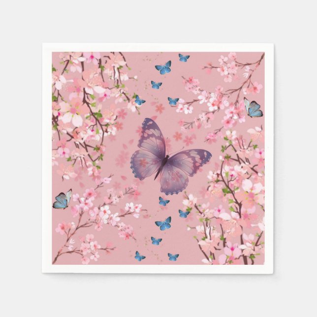 Serviette En Papier Fleur de cerisiers et papillons (Devant)