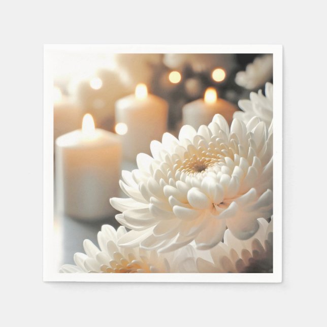 Serviette En Papier Fleur de chrysanthème blanc et bougies (Devant)