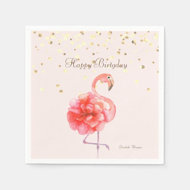 Serviette En Papier Fleur de Flamant Rose, Confettis Dorés (Devant)