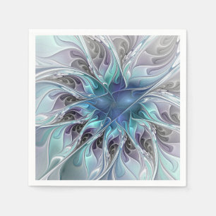 Serviette En Papier Fleur de fractale moderne abstraite avec du bleu