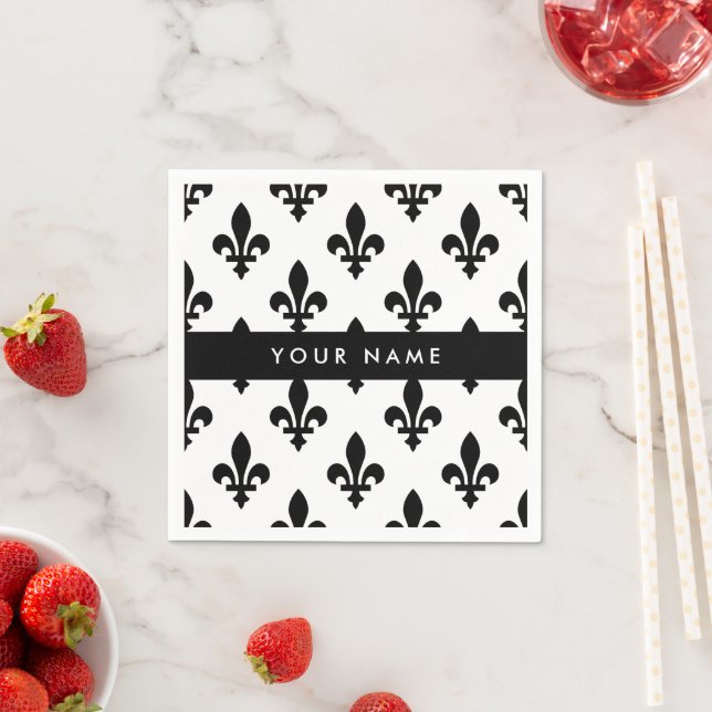 Serviette En Papier Fleur de Lis, Black on White, Black, Your Name (En situation)
