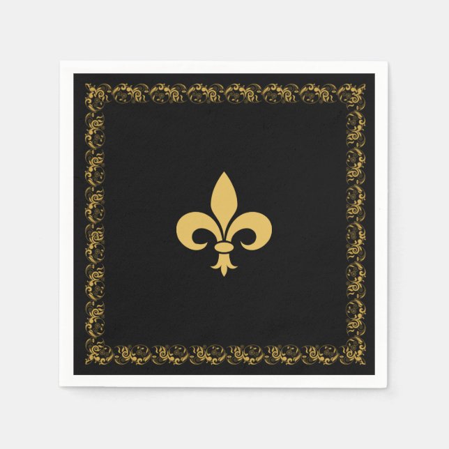 Serviette En Papier Fleur-de-Lis dorée élégante sur fond noir (Devant)