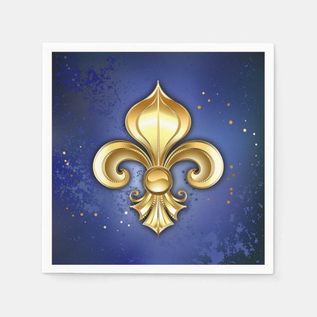 Serviette En Papier Fleur de lis dorée sur fond bleu (Devant)