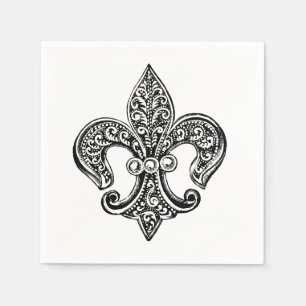 Serviette En Papier Fleur de lis en dentelle noir et blanc vintage