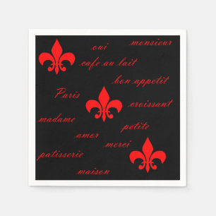 Serviette En Papier Fleur de Lis Rouge et Napkin noir