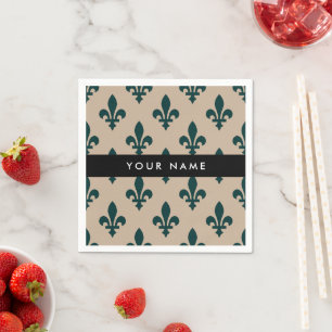 Serviette En Papier Fleur de Lis, Vert sur Beige, Royal, Votre Nom