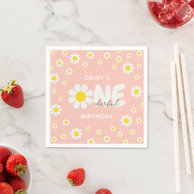 Serviette En Papier Fleur de marguerite rose vif 1er anniversaire (En situation)