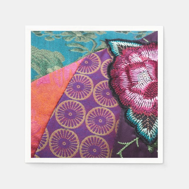 Serviette En Papier Fleur de rose brodée de couleur violette (Devant)