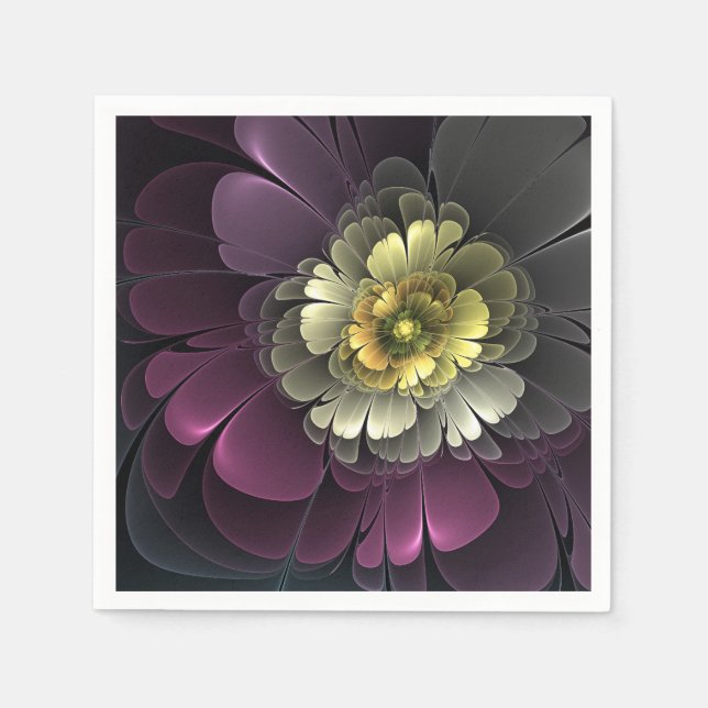 Serviette En Papier Fleur fractale grise de pourpre moderne abstraite (Devant)