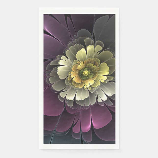 Serviette En Papier Fleur fractale grise et pourpre moderne abstraite (Devant)