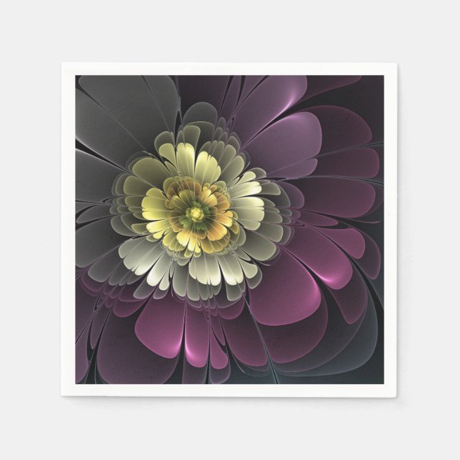 Serviette En Papier Fleur fractale grise pourpre moderne abstraite (Devant)