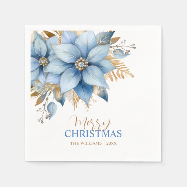 Serviette En Papier Fleur Icy Blue Gold Poinsettia Noël (Devant)