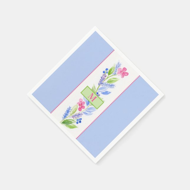 Serviette En Papier Fleur initiale NOM aquarelle peinte à la main bleu (Coin)