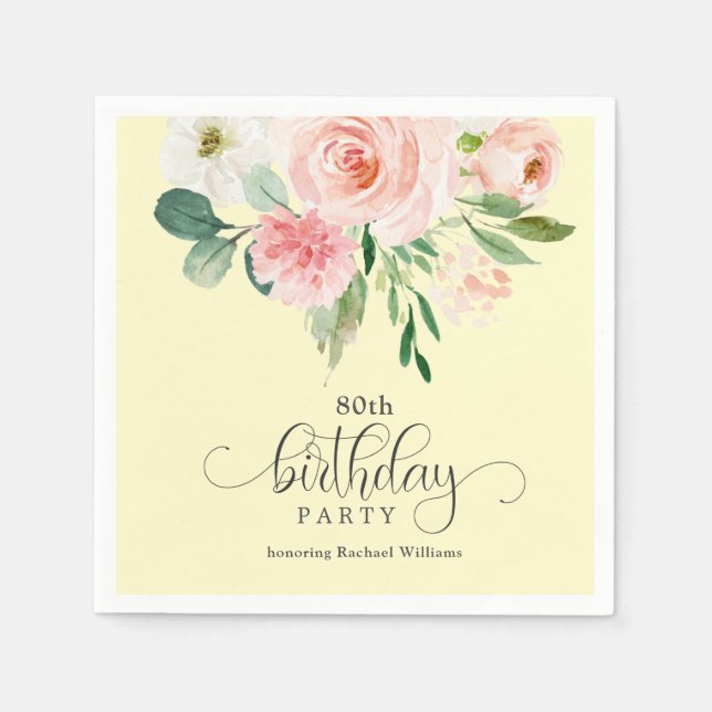 Serviette En Papier Fleur jaune et rose 80e anniversaire (Devant)