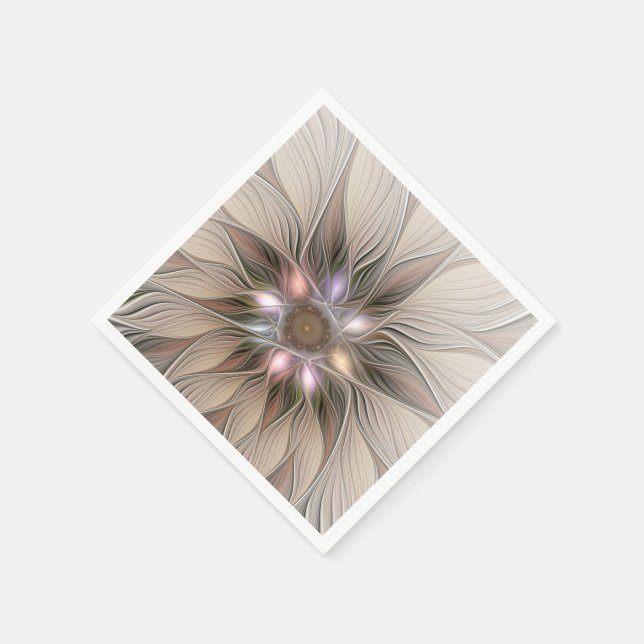Serviette En Papier Fleur Joyeuse Abstrait Beige Brun Floral Fractale (Coin)