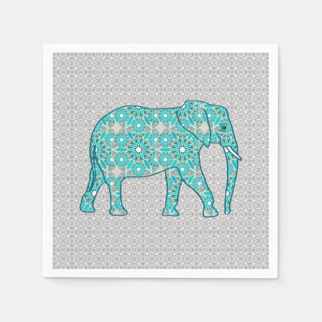 Serviette En Papier Fleur mandala éléphant - turquoise, gris & blanc (Devant)