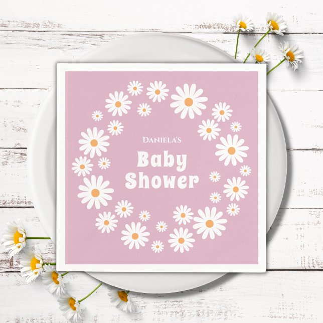 Serviette En Papier Fleur marguerite rose Super Baby shower rétro (daisy baby girl shower napkins pink daisy wreath daisies flower power)