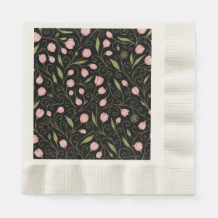 Serviette En Papier Fleur mignonne, rose sur noir avec motif répétitif