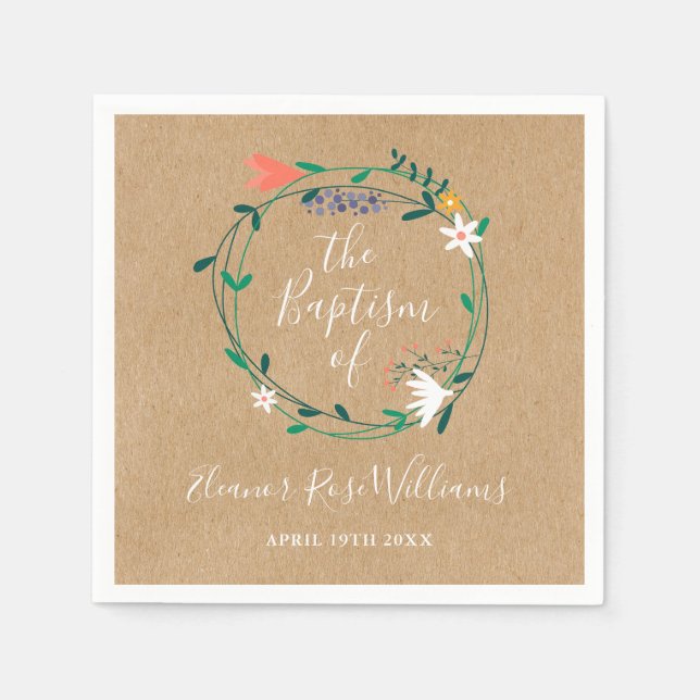 Serviette En Papier Fleur Moderne Rustique Baptême Christening (Devant)