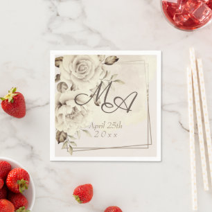 Serviette En Papier Fleur Monogramme Russe Roses blanches Papier