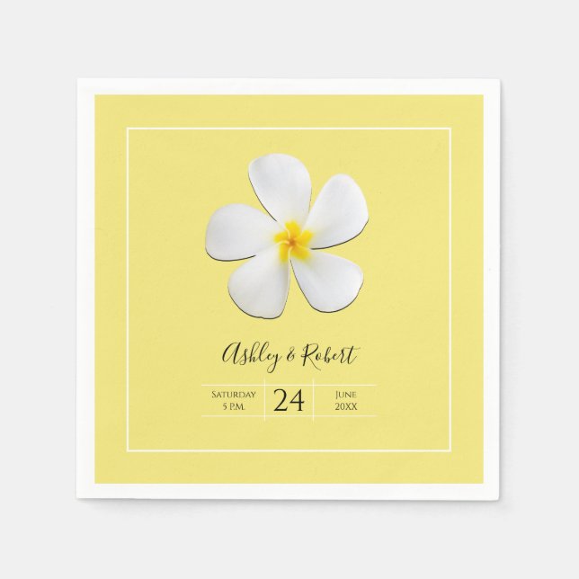 Serviette En Papier Fleur Plumeria blanche sur Jaune, Mariage moderne (Devant)