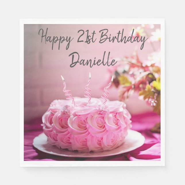 Serviette En Papier Fleur Rose gâteau d'anniversaire Joyeux anniversai (Devant)