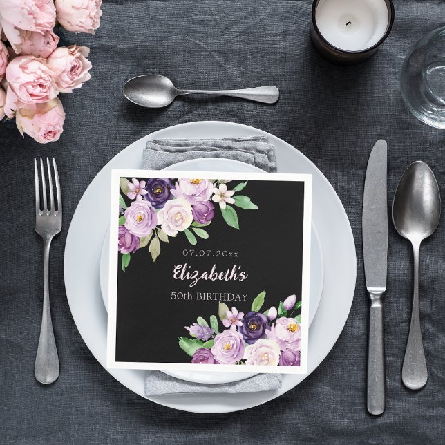 Serviette En Papier Fleur rose lavande violet noir anniversaire (Créateur téléchargé)
