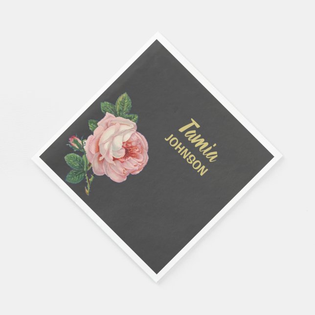 Serviette En Papier Fleur rose nom personnalisé gris (Coin)