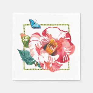 Serviette En Papier Fleur rouge Camellia Bleu Papillon