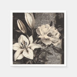 Serviette En Papier Fleur rustique et calligraphie - Papier Brown viei