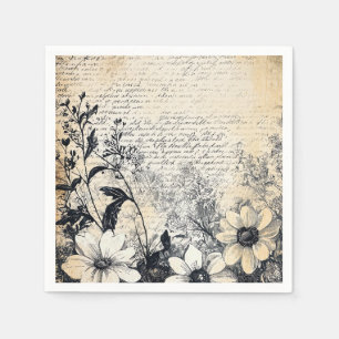 Serviette En Papier Fleur rustique et calligraphie - Papier Brown viei
