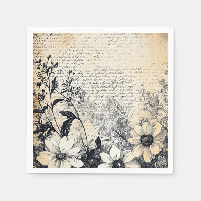Serviette En Papier Fleur rustique et calligraphie - Papier Brown viei (Devant)