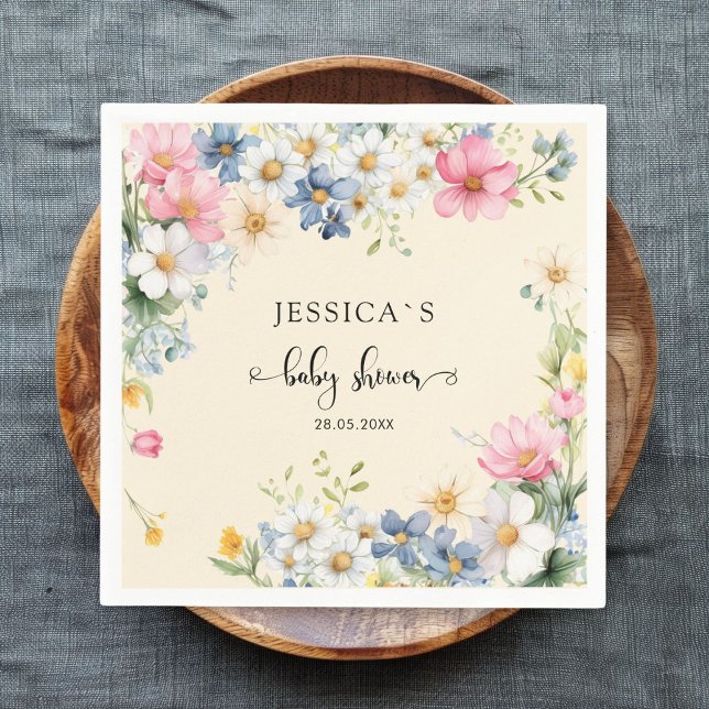 Serviette En Papier Fleur sauvage, Baby shower (Customer-specific, cute, wildflower baby shower napkin with your name & date. For girl, boy.)