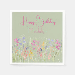 Serviette En Papier Fleur sauvage d'aquarelle verte Sage Anniversaire