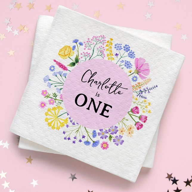Serviette En Papier Fleur sauvage est la première fille d'anniversaire (Spring Wildflowers Wreath Girl's First Birthday Napkins)