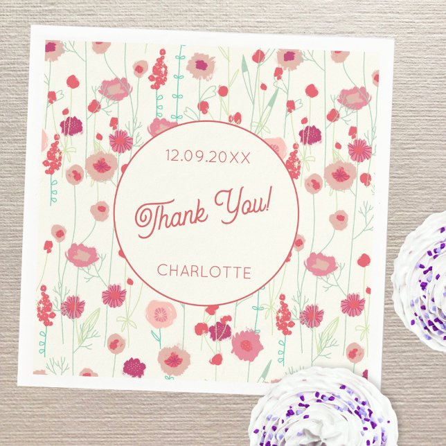Serviette En Papier Fleur sauvage Floral Merci Nom Date (Wildflower personalized custom text party paper napkins)