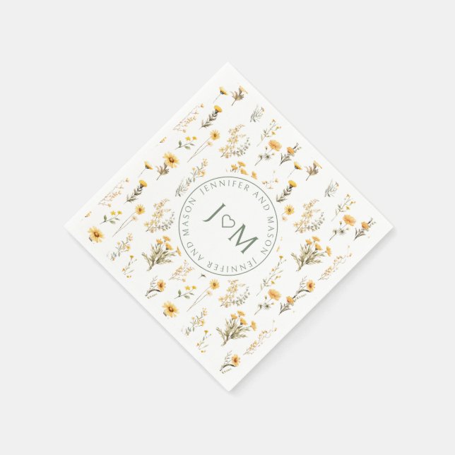 Serviette En Papier Fleur sauvage jaune monogramme mariage serviettes  (Coin)
