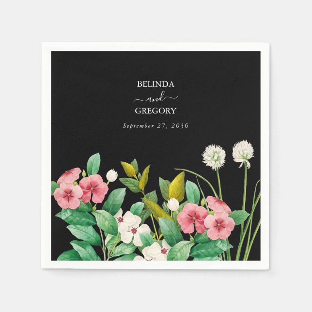 Serviette En Papier Fleur sauvage Périwinkle Aquarelle Mariage noir (Devant)