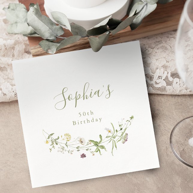 Serviette En Papier Fleur sauvage vert sauge Rustique Bohème Anniversa (Sage Green Wildflower Rustic Boho Any Age Birthday Napkins)